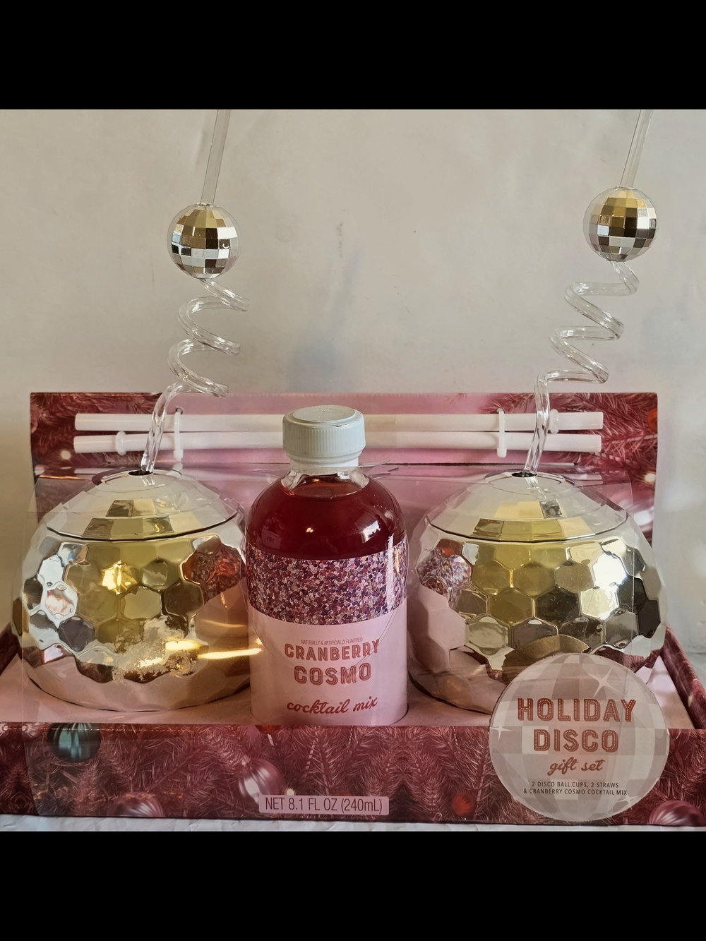Holiday Disco Cranberry Cosmo Cocktail Mix Gift Set - New With Straws 2 Availabl